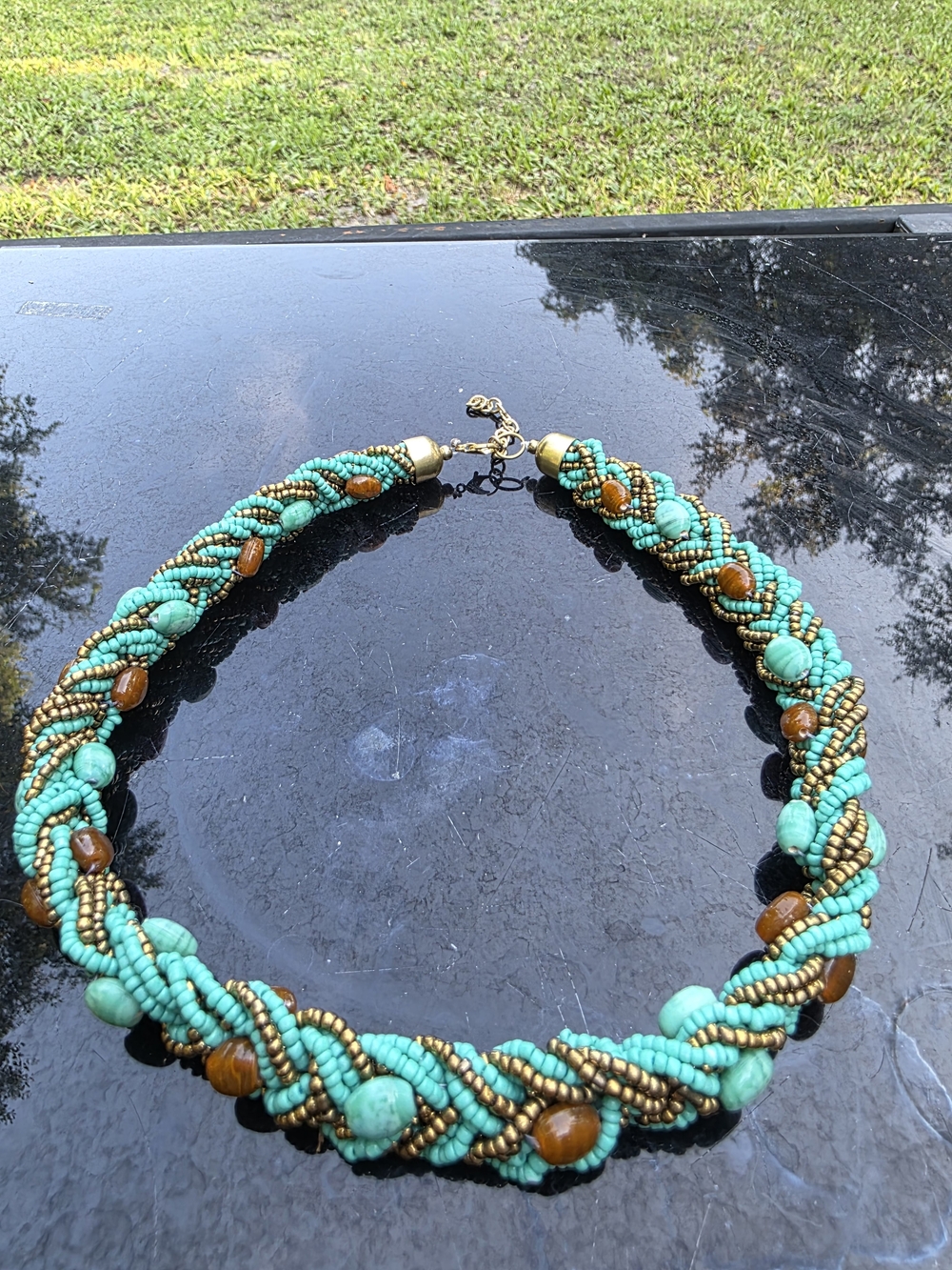 Source Unknown Turquoise and Amber Beaded Braided Necklace with Gold Accents